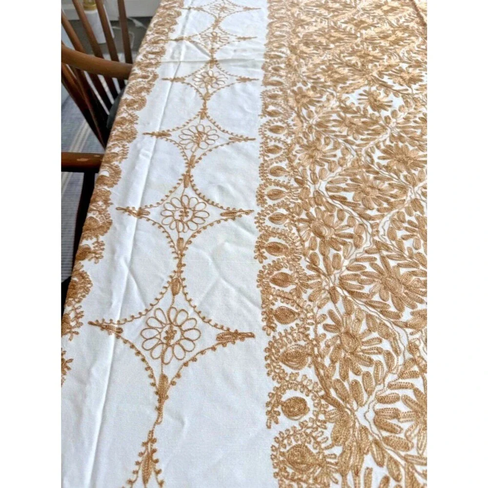 Vtg Handmade AGHABANI Large Tablecloth & 12 Napkins Gold Silk on White 110 x 72”